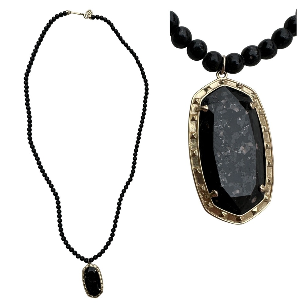 Kendra Scott Marlowe Long Beaded Necklace Gold Tone Black Granite Stone Pendant